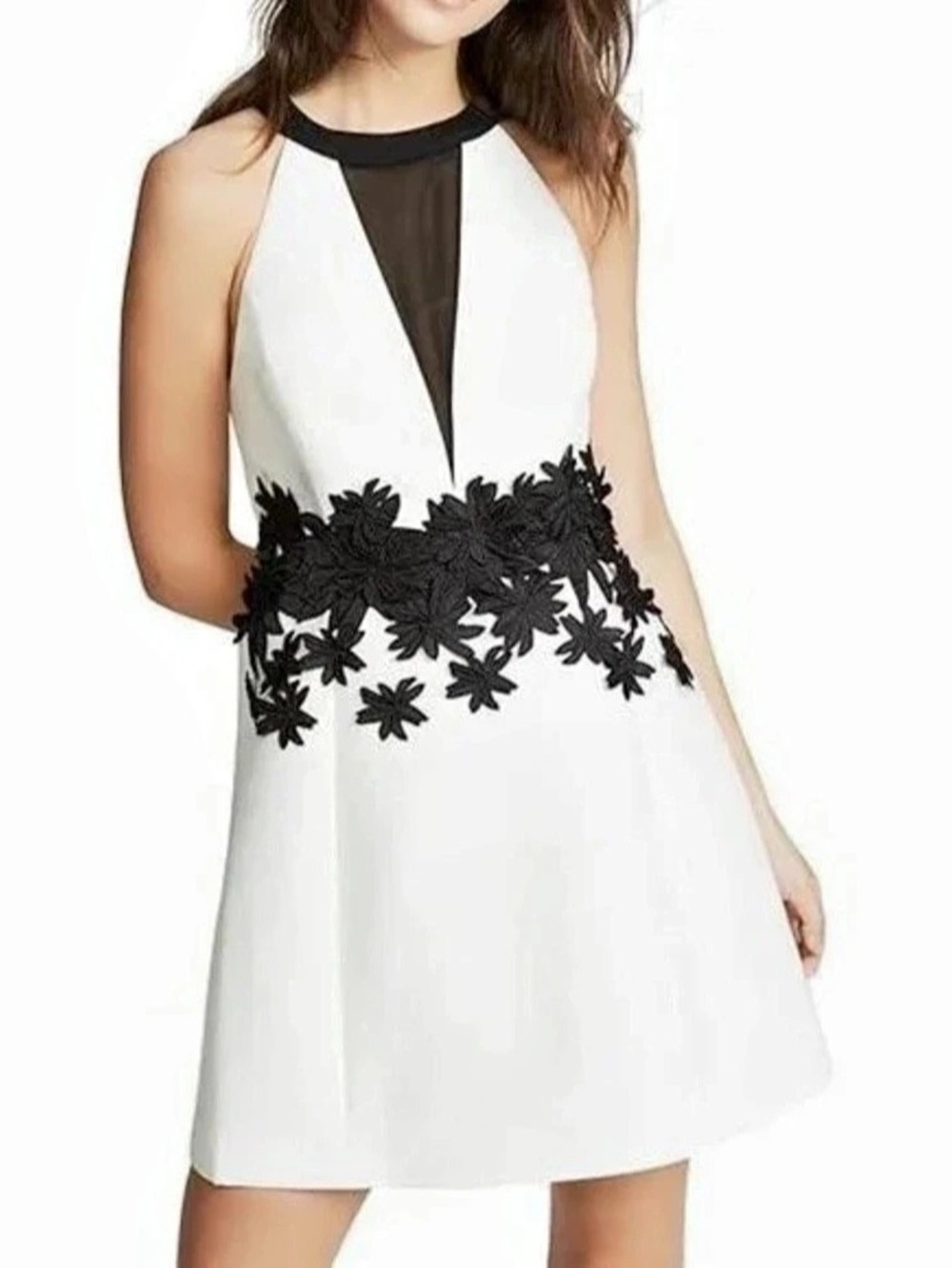 Halston White & Black Floral Appliqué Mini Dress Like New